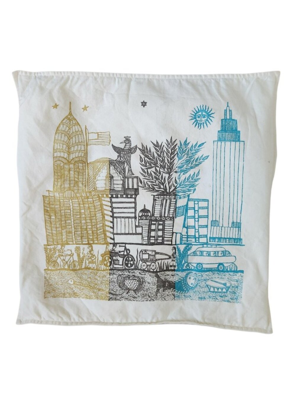 CB2 NY Folk NYC Skyline Pillow Cover Rare Graphic Mid Century Style